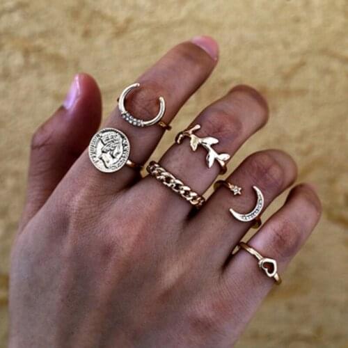 6 Pcs/set Boho Virgin Mary moon Gold Rings for Women Heart Fatima Hands Anillos Cross Leaf Geometric Kольцо Jewelry wholesale