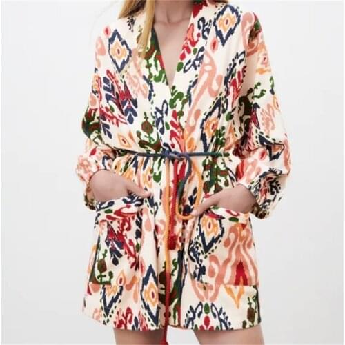 ZXQJ Women 2021 Fashion With Belt Totem Print Kimono Blouses Vintage Long Sleeve Pockets Female Shirts Chic Tops