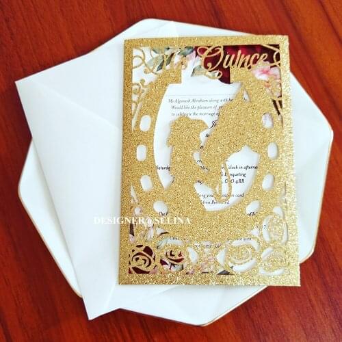 50pc Gold Glitter Pocket Invitation Card For Quinceanera With Personalized Printing And Envelope DIY Hollow Anos Party Invites