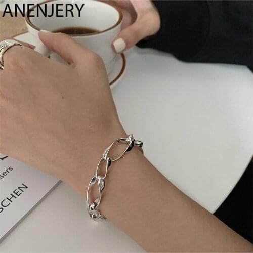 ANENJERY 925 Sterling Silver Irregular Twisted Wavy Bracelet oval Interlocking Circle Bracelet Student Hand Accessories