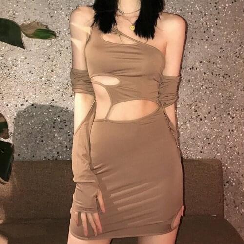 Patchwork Hollow Out Fashion Sexy Dress 2021 Summer New Womens Clothing Sheath Bag Hip One Shoulder Solid Color Ladies Dresses