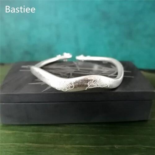 Bastiee 999 Sterling Silver Cuff Bracelet For Women Wave Bangle With Bells Peony Flower Luxury Jewelry Adjustable Hmong Handmade