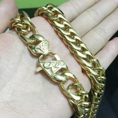 Granny Chic 13mm/16mm Mens Chain Heavy 316L Stainless Steel Gold(Color) Cut Double Curb Link Rombo Necklace Wholesale