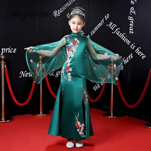 Girl Cheongsam Green Mermaid Evening Dress With Shawl Qipao Wedding Dress Child Models Catwalk Slim T Stage Fashion Show Clothes