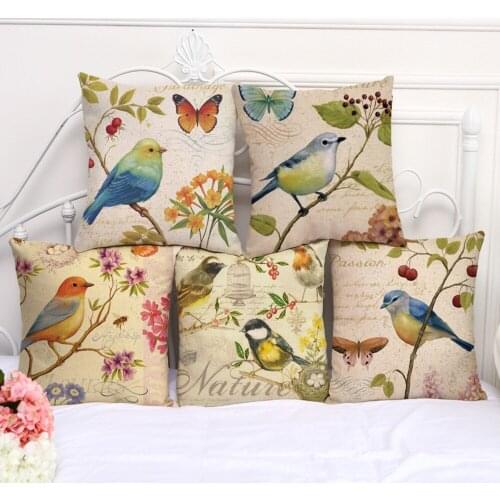 Decorative Pillow Case Fashion Bird Butterfly Floral Pillowcase 17.5 Inch Cotton Linen Chair Seat Throw Pillow Cover A1069