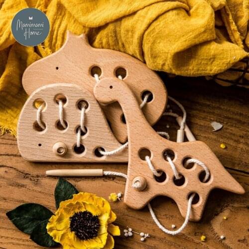 Wooden Kindergarten Mouse Threading Board Lacing Beech Wooden Sewing Toys Dinosaur Button Beaded Blocks For Boys Girls Products