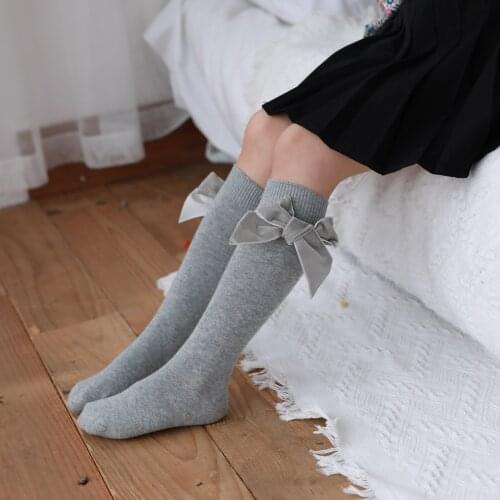 Kids Baby Girls Fashion Bowknot Socks Solid Color Soft Comfortable Breathable Knee-high Stocking for Spring Fall 0-7 Years