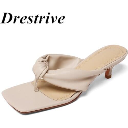 Drestrive 2021 Summer Slippers Square Toe PU Leather Women Sandals Thin High Heel Shoes Fashion Flip Flops Outside