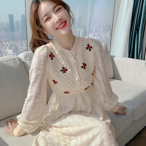 JSXDHK Elegant Autumn Winter Knitted Patchwork Lace Dress Women Flower Embroidery Lantern Sleeve Chic Hollow Out Belt Long Dress