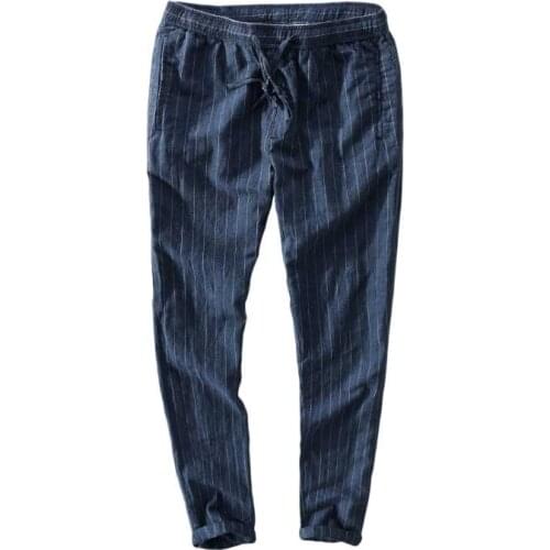Summer Stripped Linen Pants Men Casual Hip Hop Harem Pants Elastic Waist Loose Baggy Leisure Trousers Male Clothing