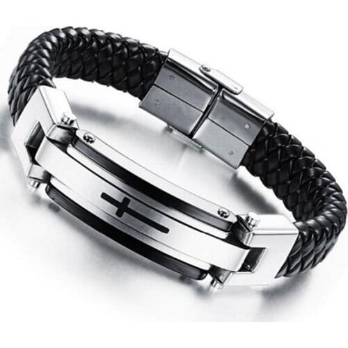 LOOKER Fashion Men Jewelry Male Cross Weave Knitted Genuine Leather Stainless Steel Bracelets Bangle Jewelry