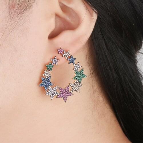 Copper Colorful AAA Cubic Zirconia Round five-pointed star Geometric Trendy Dangle Earrings Women Earrings Free Drop Shipping
