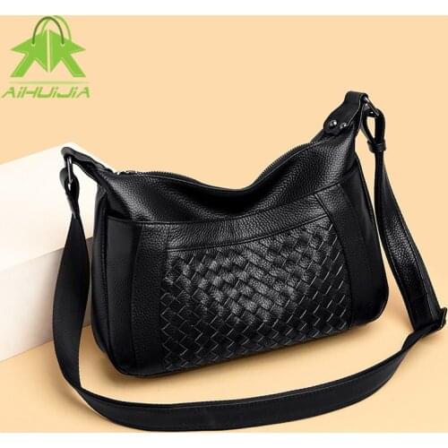 Fashion Retro Womens Genuine Leather Weave High Capacity Messenger Bag 2021 New Solid Color Shoulder Bags Travel Women Handbag