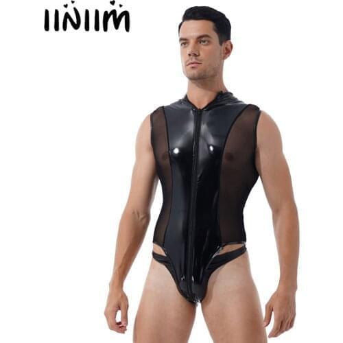 Men Shiny Metallic Patent Leather Swimsuit Sheer Mesh Splice Lingerie Sleeveless Double Zipper High Cut Thongs Leotard Bodysuit