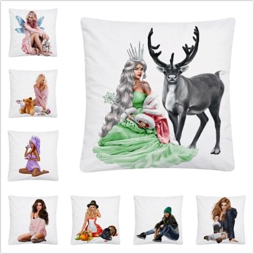 Beautiful Girl/Princess Life Photo Pattern Soft Short Plush Cushion Cover Pillowcase Home Sofa Car Decoration Pillowcase45X45 Cm