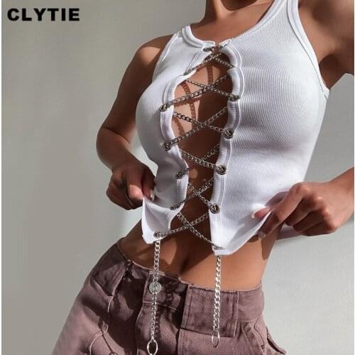Clytie New Spring Sexy Metal Chain Top Women Long Sleeve Casual Autumn Streetwear Women Hollow Out T Shirt Ladies New Top