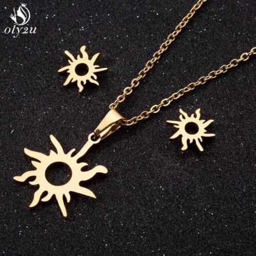 Oly2u Fashion Necklace Earrings Set Gold Sun Necklaces & Pendants for Women Jewelry Vintage Round Charm Necklace Christmas Gifts