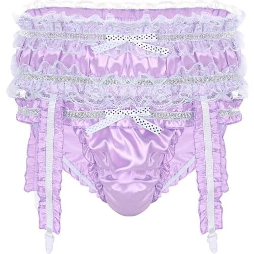 Sexy Briefs Men Sissy Panties Shiny Satin Ruffled Frilly Low Rise Underwear Lingerie Jockstraps Briefs with Garters Panties