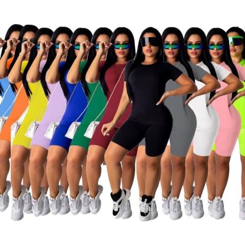 Casual Two Piece Biker Shorts Set Women Tracksuit Short Sleeve O Neck Shirt Sport Shorts Summer Woman 2 Piece Suit Lounge Wear
