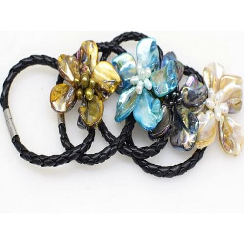 Freshwater pearl white/black/green/blue/brown baroque and shell flower wholesale bracelet 8inch wholesale beads FPPJ nature