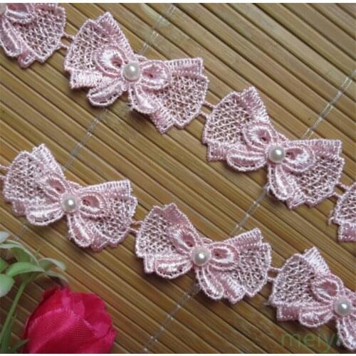 10x Pink Bowknot Pearl Embroidered Lace Trim Fabric Lace Ribbon Handmade DIY Sewing Supplies Craft For Clothes Decoration