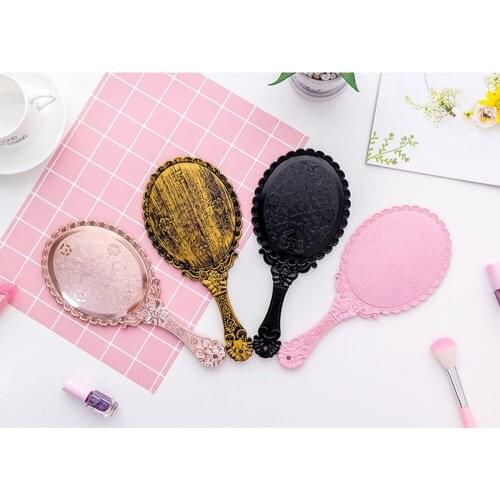 4 Colors Handhold Makeup Mirror Vintage Black Repousse Floral Oval Round Cosmetic Hand Held Mirror For Ladies Beauty Dresser