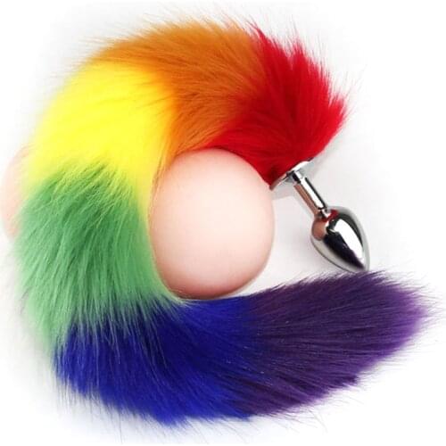 Sexy anal plug fox tail pink and purple color matching artificial hair female anal masturbation device anal plug toy adult
