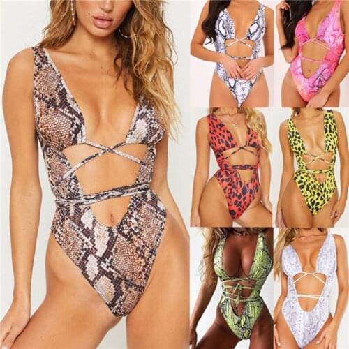 Sexy Women’s Bodysuit Bikini Sleeveless Bikini Swimwear Leopard/snake Pattern Bandage Slim Fit Swimsuit Summer Beach Wear