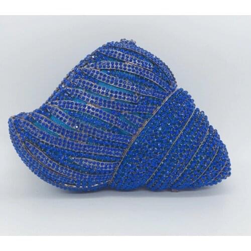 Blue Rhinestone Diamond Ladies Clutch Bag New Elegant Women Evening Party Purse Conch-Shaped Female Shoulder Chain Prom Handbag
