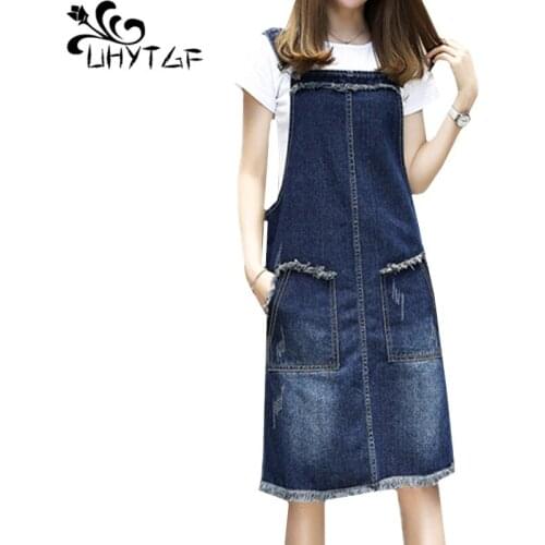 UHYTGF Cute girl spring summer denim dress Korean fashion strap pocket dresses women Student casual 5XL plus size jeans dress135
