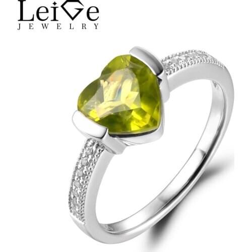 LeiGe Jewelry Natural Peridot Anniversary Rings Green Gemstone August Birthstone Heart Cut Ring 925 Sterling Silver Vintage Ring