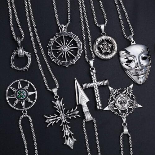 Street Hiphop Rock Mask Cross Anchor Six-Pointed Star Necklace Sliver Plated Chain Necklaces Pendant For Men Fashion Jewelry