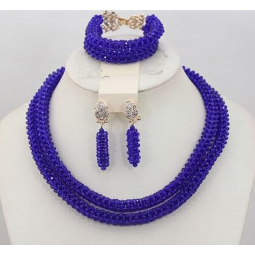 Unique African Crystal Beads Jewelry Set Royal Blue New Design Nigerian Party Necklace Bracelet Jewelry Set Free Shipping ANJ080