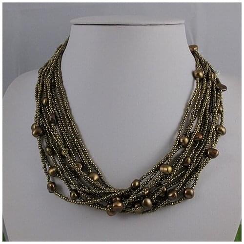 Unique Pearls jewellery Store 12 rows AA 6-9MM Brown Color Baroque Freshwater Pearl Necklace Bracelet Jewelry Set Magnet Clasp