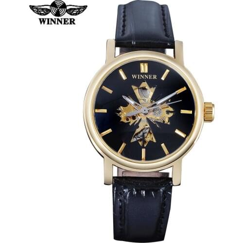 2016 WINNER famous brand women watches fashion automatic self wind watch skeleton dial transparent glass gold case leather band