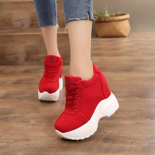 Women Platform Trainers Ankle Boots Autumn canvas White Sneakers 10CM Heels Wedges Boots Breathable Height Increasing Boots