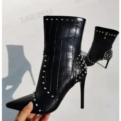 DOBANER Women Ankle Boots Rivests Pointed Toe Stiletto High Heels Booties Zip Up Ladies Shoes Woman Plus Size 43 44 46 47