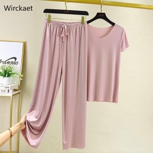 Summer Modal 2 Piece Sets Women V Neck T Shirts and Loose Straight Pants Two Piece Set Women Modal T Shirt Pants Trouser Suits
