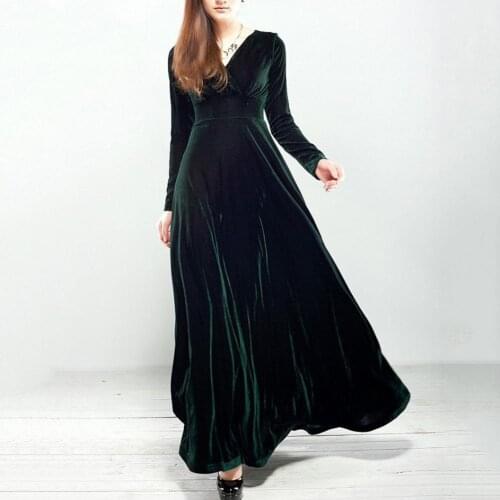 Vintage Women Autumn Long Sleeve V Neck Pleated Velvet Banquet Party Maxi Dress