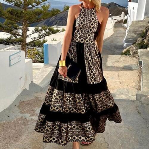 Woman Summer Fashion Sleeveless O-neck Women Clothes Black Boho Off Shoulder Long Dresses Sexy Vintage Backless Print Maxi Dress