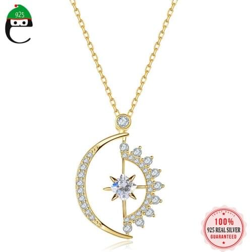 ElfoPlataSi Real 925 Sterling Silver 14K Gold Plated Crescent Zircon Moon Pendant Necklace Women Shiny Wedding Fine Jewelry L043