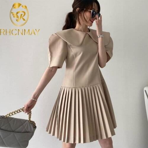 Korea Vintage Solid Pleated Dress Women Summer Elegant Loose Pure Peter Pan Neck Mini Dresses Femme Puff Sleeve Dress Vestidos