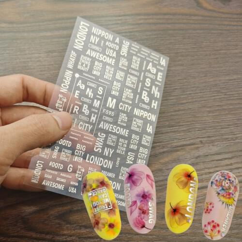 1 Sheet Silver Letters Designs Stickers for Nails Manicure Sliders 3D Self Adhesive Nail Art Decorations Sticker Decal