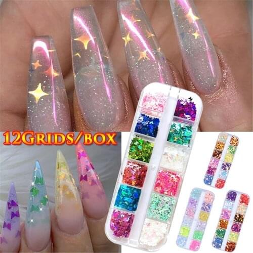 12 Grids Colorful Butterfly Star Nail Art Glitter Sequins Mixed Powder Foils Decals Ultrathin Flakes for Acrylic Nails Art Decor