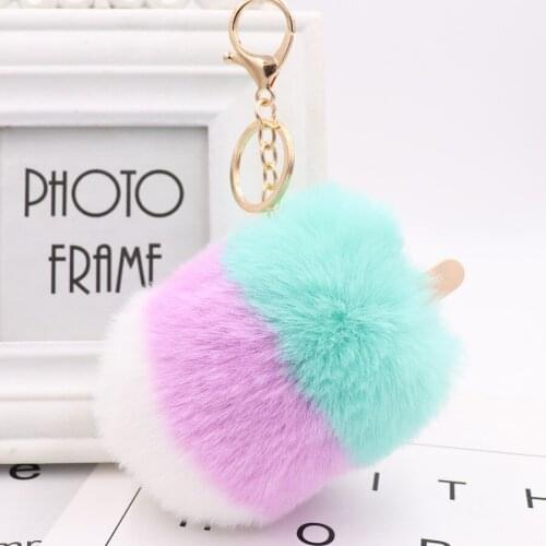 2020 Faux Fluffy Puff Ball Ice Cream Summer Pompom Keychain Women handBag Bunny ear Key Chain car Keychains Holder Jewelry