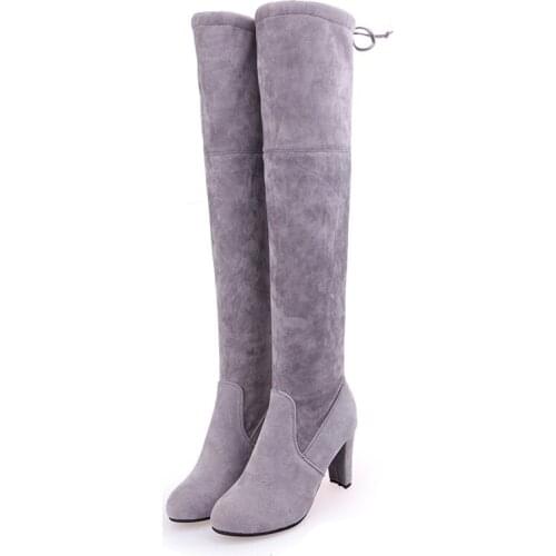 Winter Overknee Boots Women Thick Large Size Fashion Lace Up High Heel Shoes Autumn Woman Gray Over The Knee Long Boots