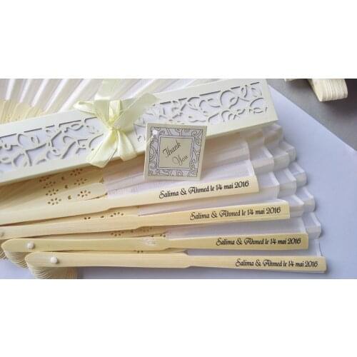 25 pcs/lot Personalized Luxurious Silk Fold hand Fan in Elegant Laser-Cut Gift Box +Party Favors/wedding Gifts+printing