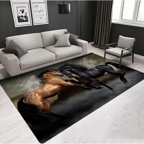 3D Living Room Carpet Vintage Retro Animal Horse Print Big Rectangle Bedroom Rug Black Non-slip Floor Mat House Room Decoration
