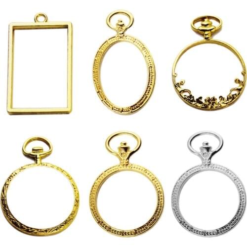 6pcs/set Metal Frame Pocket Watch Charm Pendant Bezel Setting UV Resin Charm Necklace Earring Findings Casting Craft DIY