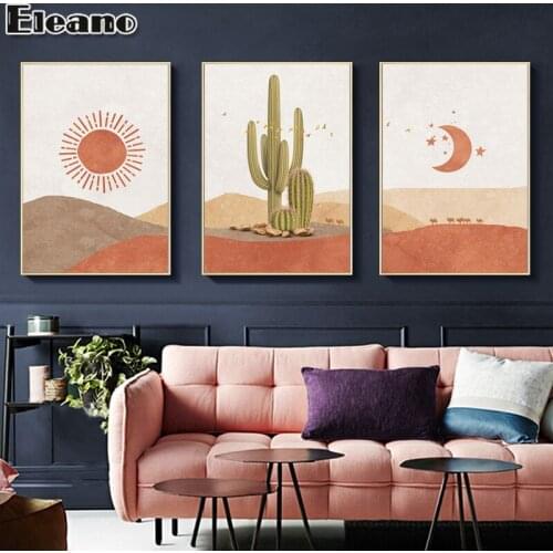 Abstract Landscape Sun and Moon Scene Canvas Prints Cactus Wall Art Nordic Desert Wall Picture for Bedroom Home Decor Posters